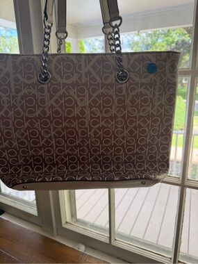 Beautiful Calvin Klein Tan/ Dusty Rose Monogram Chain-Handle Tote